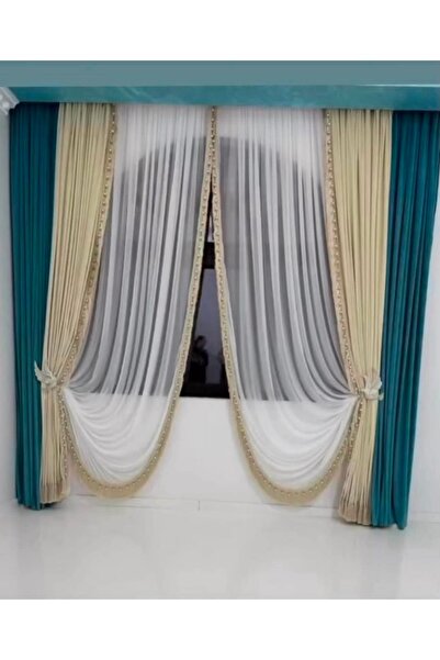 LOUIS DESIGN YSK Set 3 piese Draperii Catifea Albastru Petrol + Crem Deschis ...