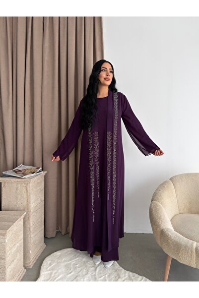 Missrosemoon Yeni Sezon Büyük Beden Tesettür 2’li Elbise Takım –Taş Detaylı U...