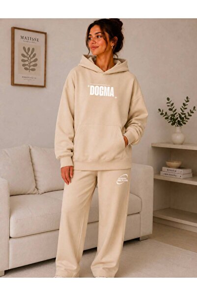 caddekombin Unisex Kangaroo Pocket Hooded Dogma Printed Tracksuit Set