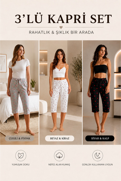 FISILTI COLLECTİON Kadın 3’lü Kapri Pijama Altı Seti Viskon Desenli Rahat Ev ...