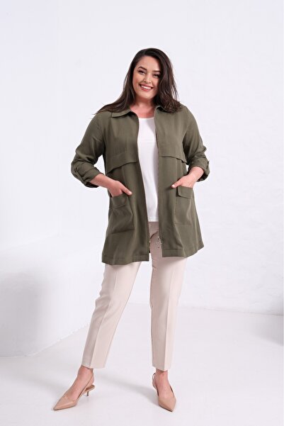 bihan store Women's Plus Size Zipper Pocket Detailed Long Shirt 5155-Khaki