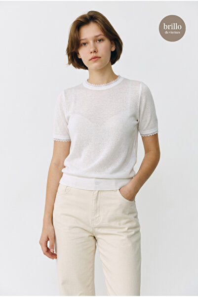 Bisou Thin Knitwear Summer Sweater with Lace Sleeves and Collar