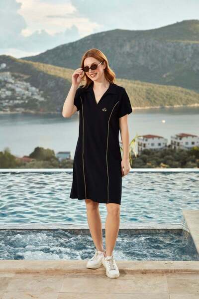 Cossy By Aqua Short Sleeve Collar Detail Dress Cossybyaqua 26802-40 - Dark Blue