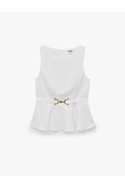 Koton Slim Fit Aksesuarlı Kemer Detaylı Kolsuz Bisiklet Yaka Peplum Bluz