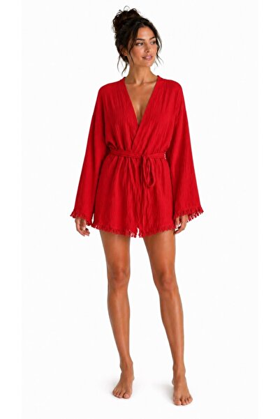 Mulberry Layra Women's Ecru Muslin Kimono Bathrobe – Belted, Tassel Detailed,...