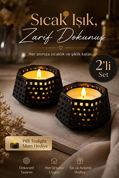 Minipax Siyah Geometrik Dekoratif Tealight Mumluk 2’li Set - Pilli Tealight Mum Hediyeli