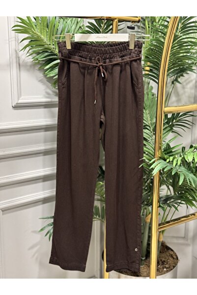 ALANURMODA 2803 Jeans with Waist Tie Carrot Trousers Dark Brown