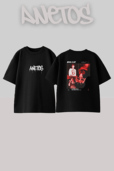 Anetos تي شيرت أسود كبير الحجم مطبوع بتصميم Billie Eilish_54 للجنسين