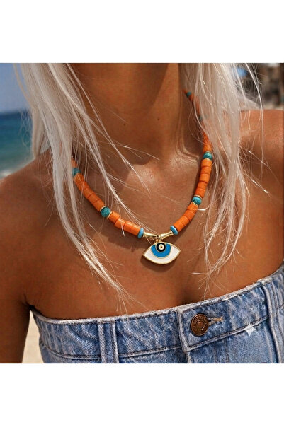 AychaAksesuar Orange Beaded Blue Eye Object Summer Necklace Summer Orange Nec...