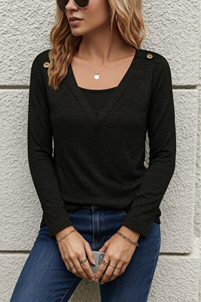 Efnaz style    Women's Long Sleeve V Neck Button Detail Soft Blouse