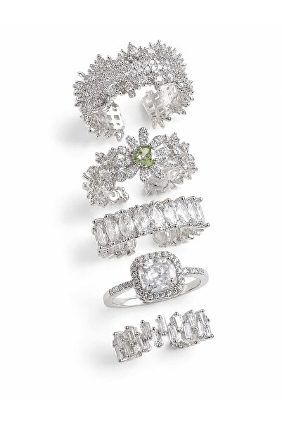 Nevara Luxurious 5-Piece Women's Ring Set Silver Plated with Crystal Designs ...