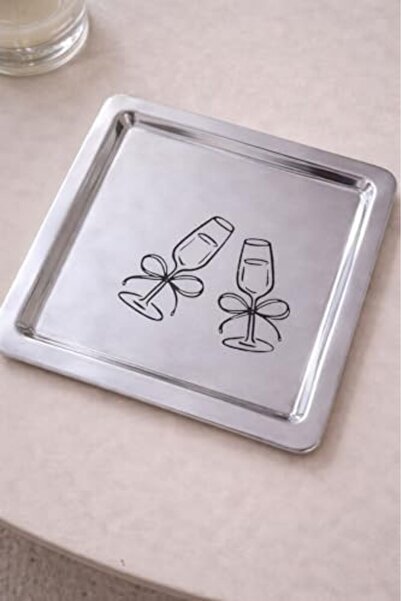 Yıldızan Ohbe Express Store Beige & Kadeh Patterned Square Stainless Steel Te...
