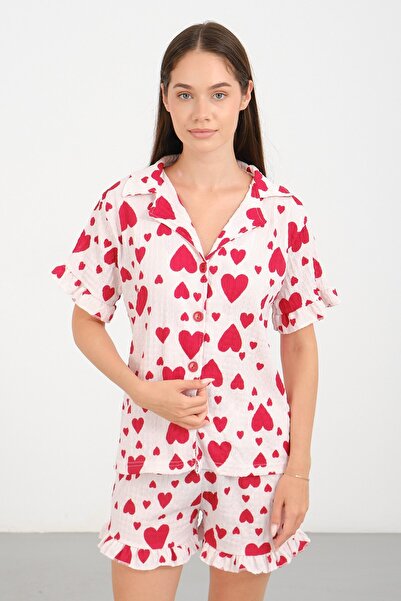 C&City Bürümcük Textured Buttoned Shorts Set Heart