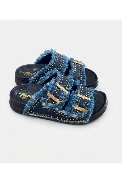 TRENDX Bellamor Women's Jean Denim Detailed Buckle and Stone Casual Slippers Comfortable Anatomical Stylish Summer Slippers