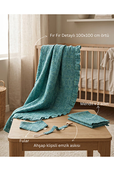 Zemze Baby Fır Fır Detaylı İtalyan Müslin 4’lü Yenidoğan Seti | 100x100 cm Ör...