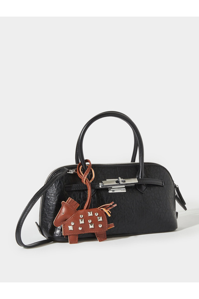 Styli Black Textured Handbag with Charm