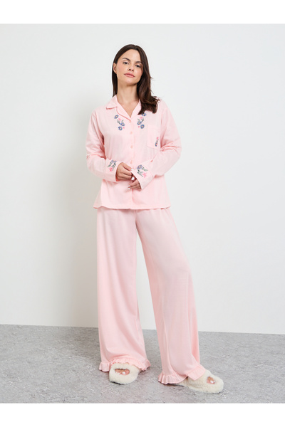 Styli Pink Floral Print Pocket Detail Shirt and Ruffle Hem Pyjama Set