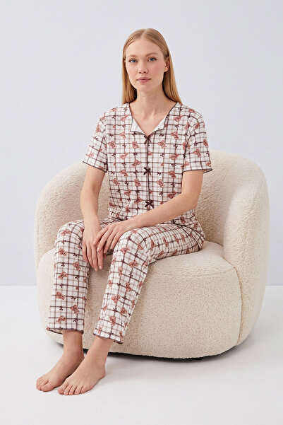 Fulla Moda Plaid Teddy Bear Patterned Short Sleeve Pajama Set