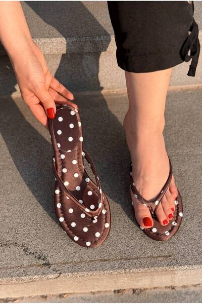 I Love Shoes Arlene Bitter Brown Polka Dot Satin Women's Heeled Flip Flops