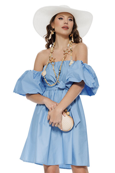 Fofy Rochie de vara scurta din bumbac bleu cu maneci bufante