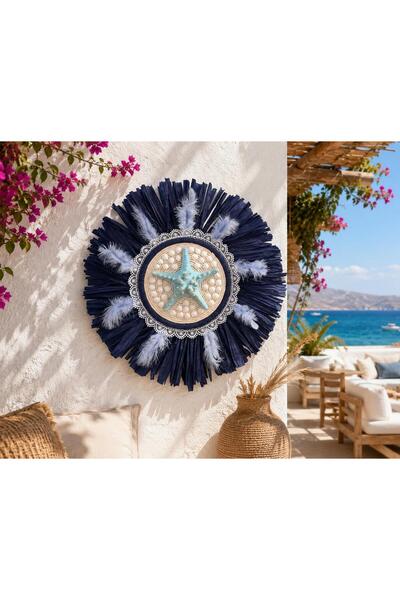 Home Bohem Handmade Deniz Yıldızlı Rafya Duvar Süsü - Deniz Kabuklu Kuş Tüylü...