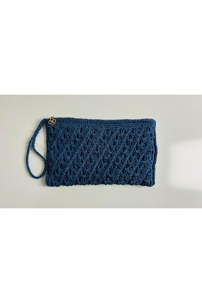 VELORA Petrol Blue Hand Knitted Paper Thread Women's Clutch Bag
