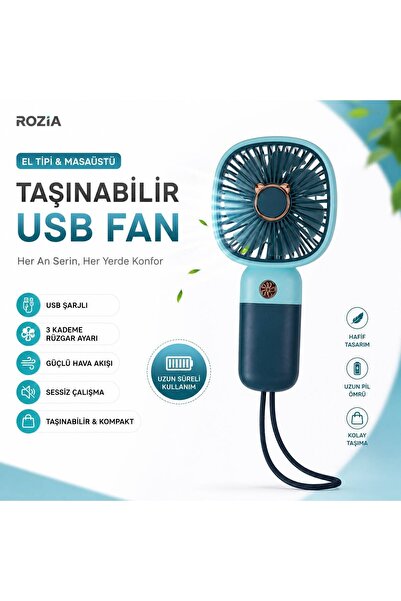 ROZIA USB Şarjlı Mini El Vantilatörü Taşınabilir Masaüstü Fan 3 Kademeli Sess...