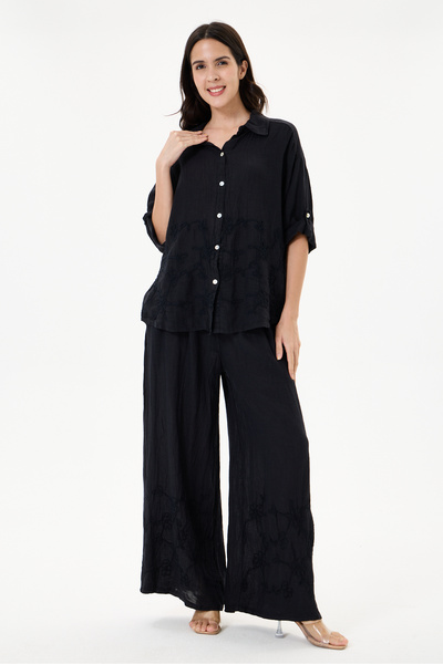 della moor Women's Black Italian 100% Linen Floral Embroidered Trousers - Lin...