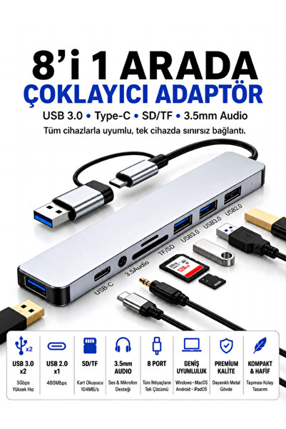 Golden Tech 8 in 2 Port Hub USB 2.0/3.0 Replicator Multiplexer Type C Audio 3...