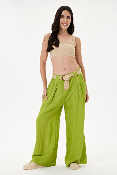 della moor Women's Apple Green Italian 100% Linen Straw Belted Pleated Wide L...