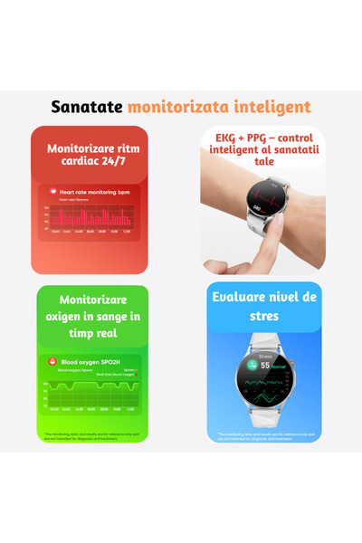 Lommad Ceas Smartwatch Lommad® dama, femei, AMOLED 1.32", EKG, Glicemie, Puls, Oxigen sange, Apel Bluetooth, Somn, 100+ Moduri Sport, IP68 + CADOU curea