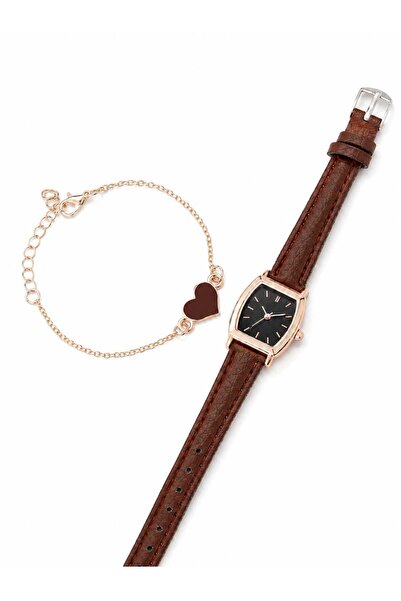 Nevara Women's Watch Set with Heart Bracelet - Brown Leather Watch with Gold ...