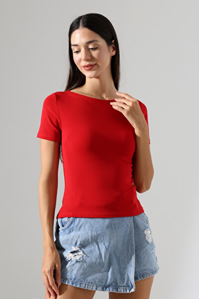 Endies Ribana Fabric Boat Neck Short Sleeve Basic Women's T-Shirt 21996 Red