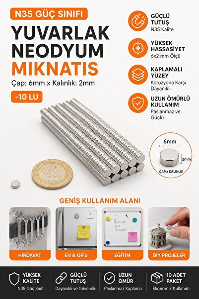 Dünya Magnet Yuvarlak Neodyum Mıknatıs 6x2 mm N35 Güçlü Magnet 10'lu Paket Ho...