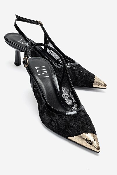 LuviShoes Clem Black Lace Detailed Gold Toe Women's Heeled Shoes