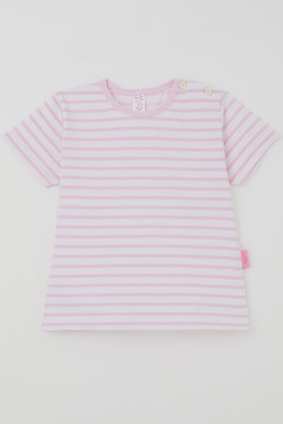 Breeze Girl's Short Sleeve T-Shirt with Patchwork Stripes, 1-3 Years Old, Pink