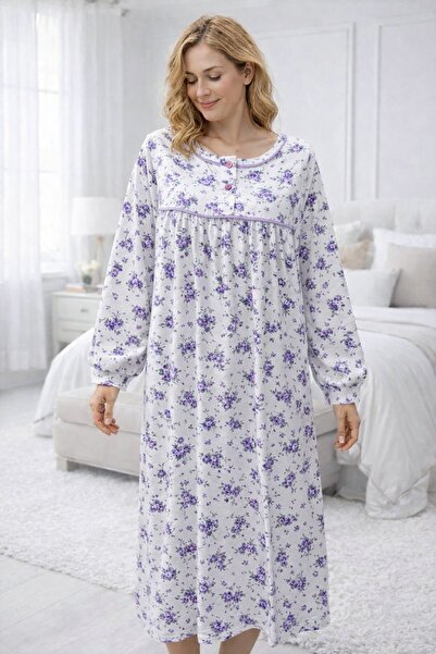 yula store Aysun Teksti̇l Large Size Long Sleeve Women's (Mom's) Nightgown Fl...