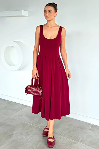 Aryena Burgundy Women's Pleated Strap Dress