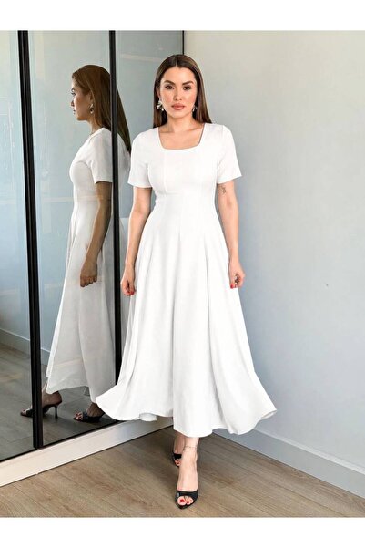 qeteen Women's Square Neck Short Sleeve Maxi Dress
