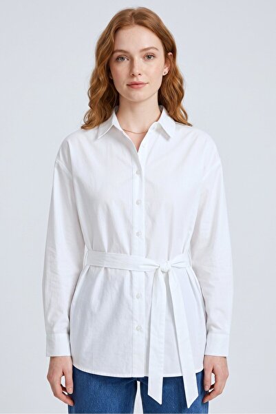 Saade White Slit Detailed Belted Oversize Fit Long Shirt