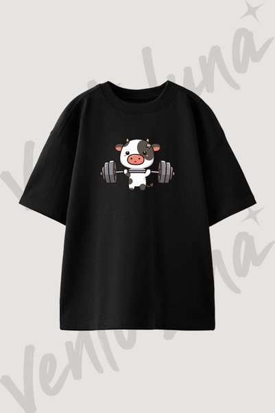 Vento Luna Halterci Inek Tasarım Baskılı Unisex Oversize Kalıp Siyah Tshirt