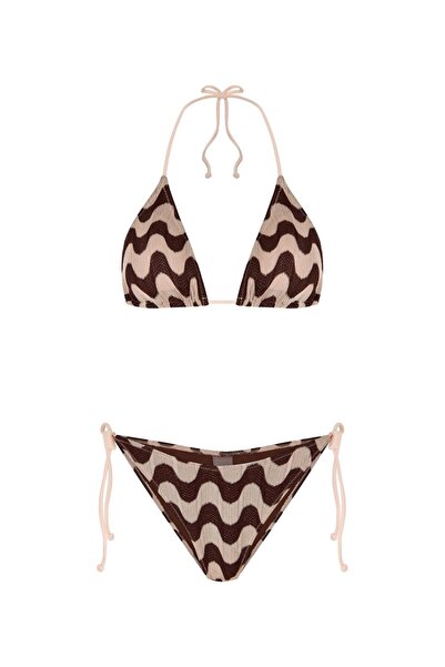 TIME MUSE VELORA Kahve Simli Örme Üçgen Bikini Takım