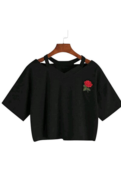 OEM Tricou scurt dama, negru, din bumbac, cu trandafir aplicat, M