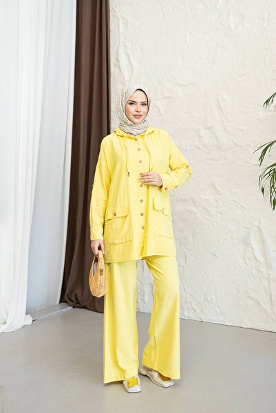 PİNK FLY Hooded Detailed Pocketed 100% Cotton Linen Double Set