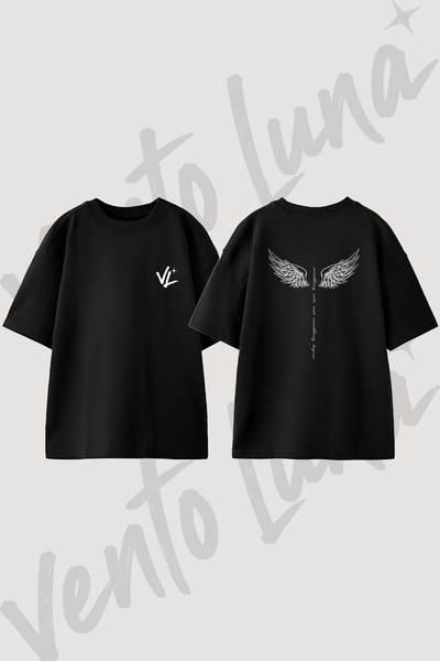Vento Luna Melek Kanadi Tasarım Sırt Baskılı Pamuk Siyah Oversize T-shirt
