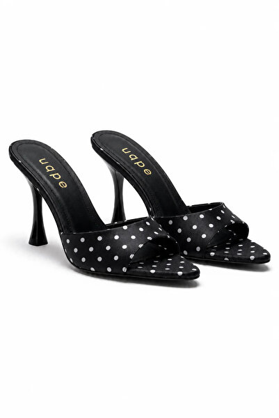 uqpe Lumia Single-Strap Pointed Toe Goblet Heeled Slippers - Black-White Polk...