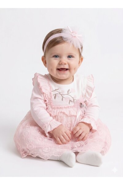 Kids Kingdom Cotton Floral Embroidered Bandana Mevlütlük 2-Piece Baby Girl Dress