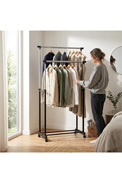 Generic Double Pole Telescopic Clothes Hanger Rack – Black Adjustable Clothin...