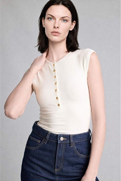 DeFacto Slim Fit Crew Neck Ribbed Sleeveless Ecru T-Shirt H8061Ax26Sm