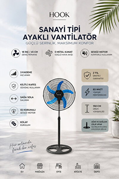 Hook By Troya Metal Ayaklı Vantilatör 18'' İnç (45cm) 85W 5 Metal Kanatlı 3 K...